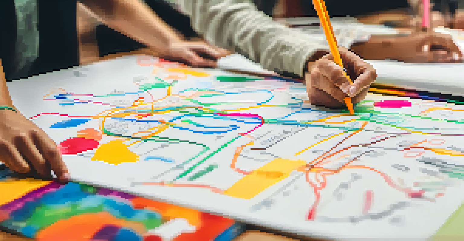 Close-up of hands writing colorful ideas on a flip chart during a brainstorming session, showcasing a vibrant mind map.
