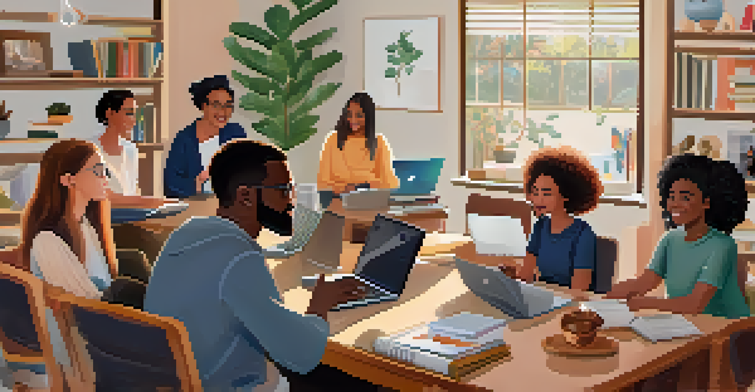 A diverse group of individuals participating in an online class through video call, each in their home environments, displaying curiosity and engagement.