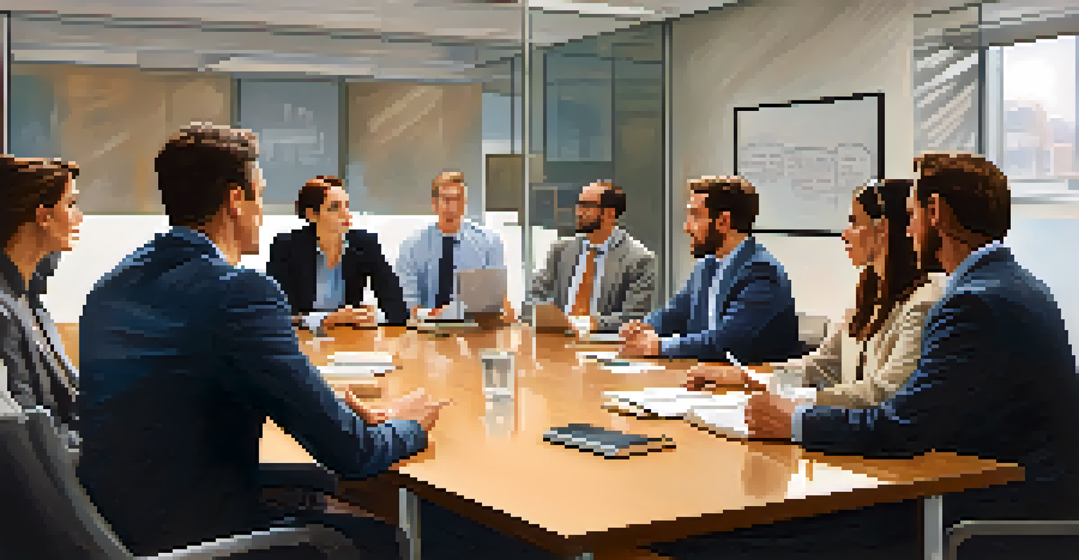 A group of colleagues in a meeting room, one speaking while others listen attentively, illustrating effective active listening in a professional setting.