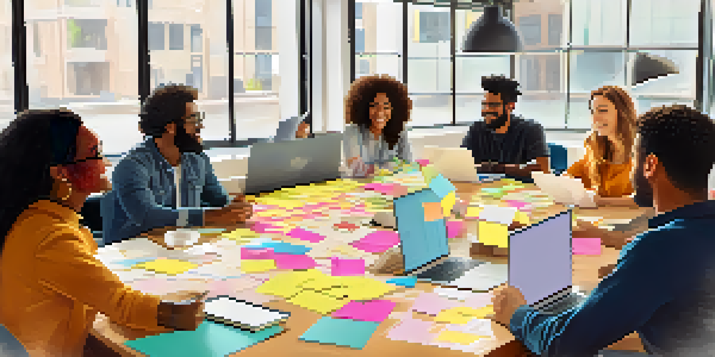 A diverse group of people collaborating at a large table, surrounded by sticky notes and laptops, in a bright room.