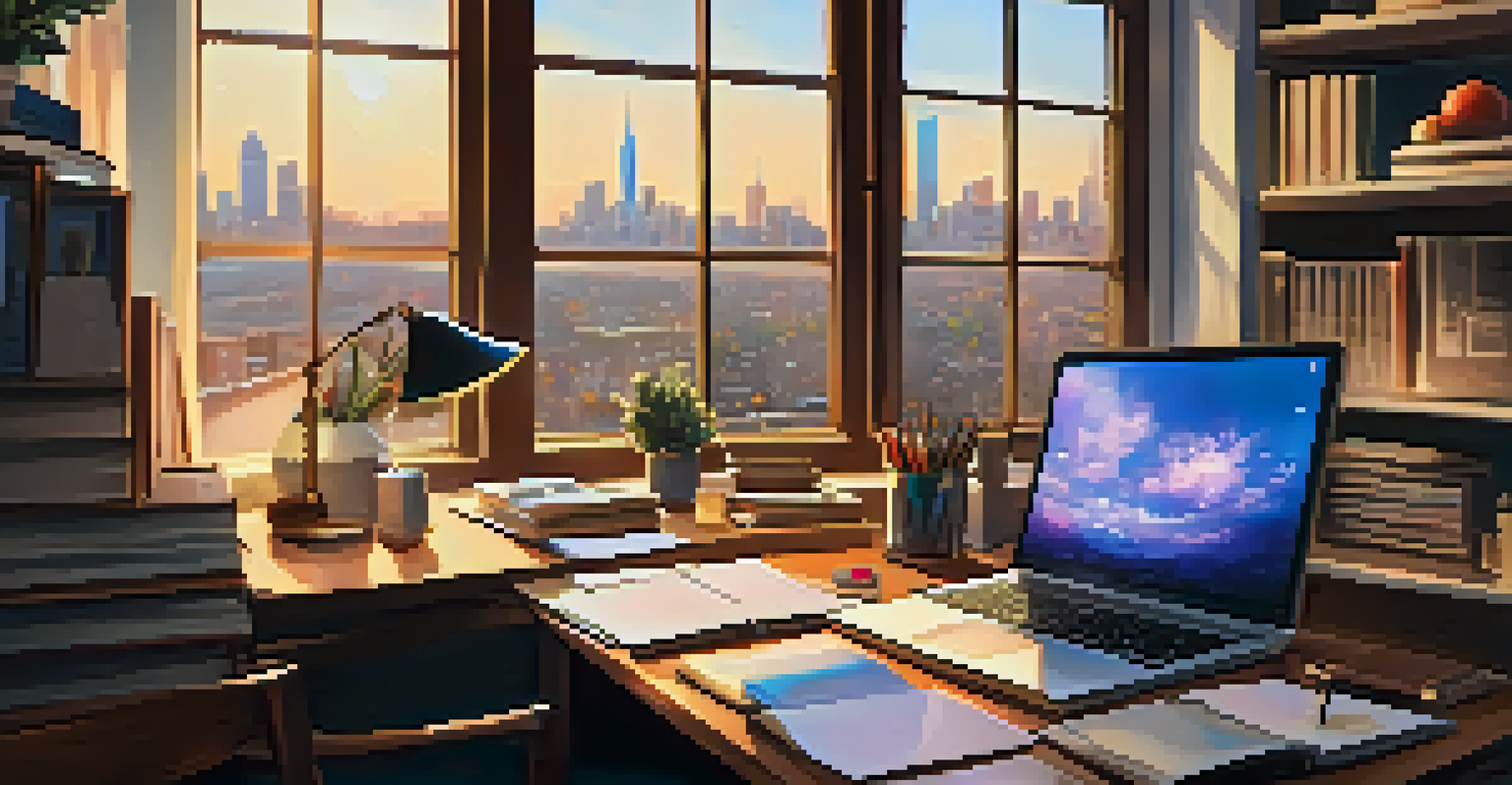 An inviting workspace with books, a laptop, and art supplies, featuring a person brainstorming ideas, with a city skyline visible through the window.