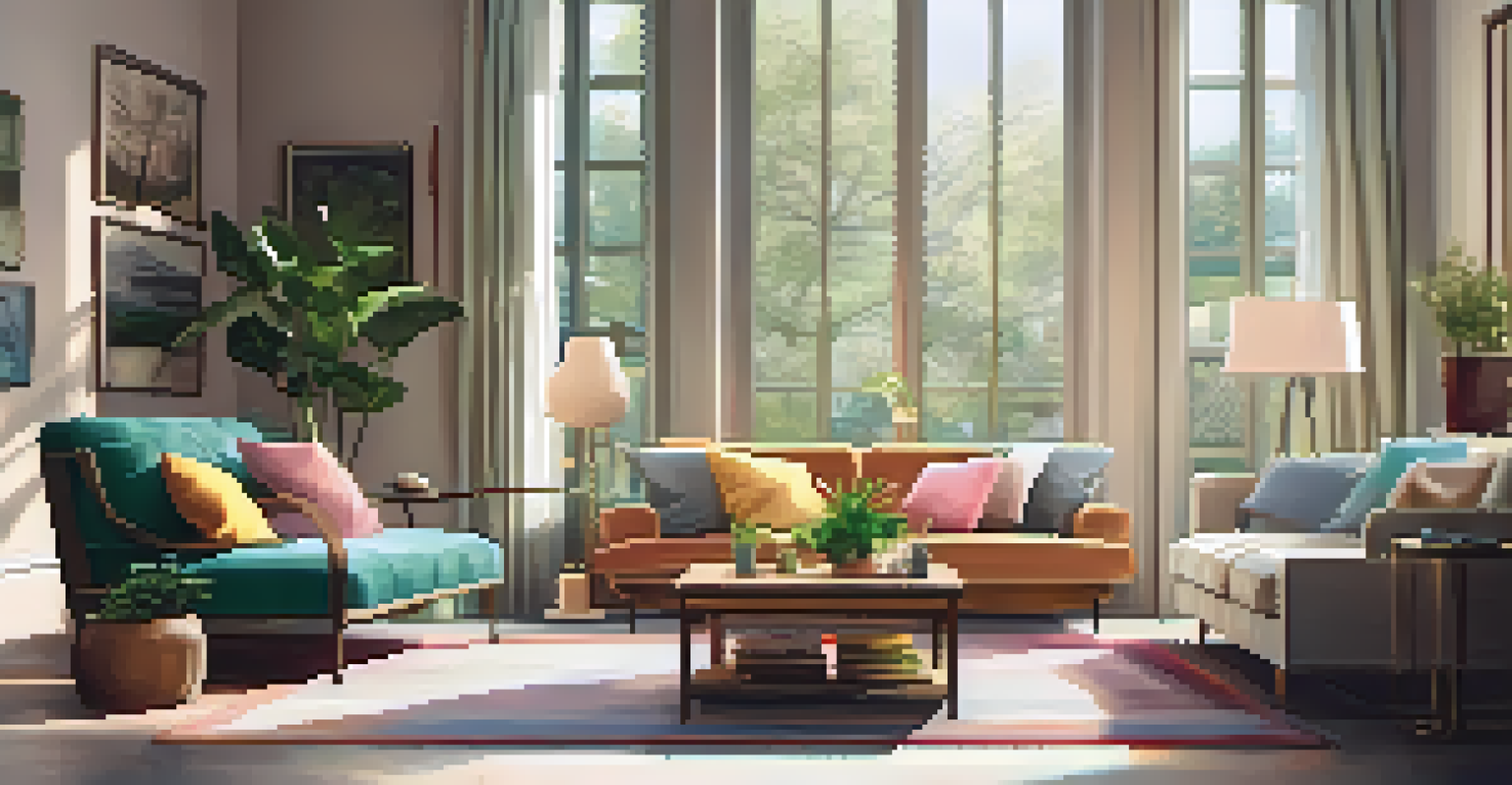A cozy living room with a sofa, coffee table, plants, and natural light coming through large windows.