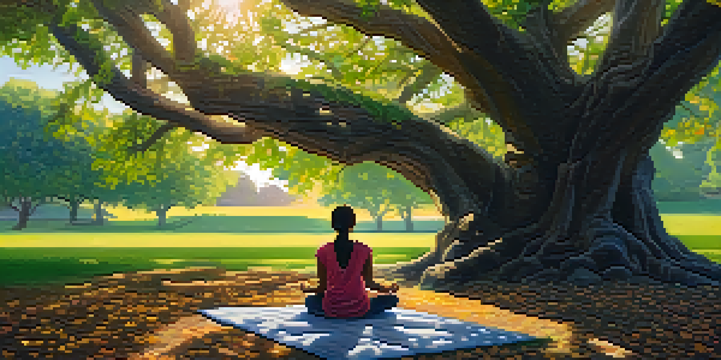 A person meditating under a large tree with sunlight filtering through the leaves, surrounded by greenery and flowers.