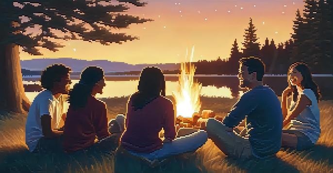 A diverse group of friends gathered around a campfire, sharing stories and laughing, with a starry sky in the background.