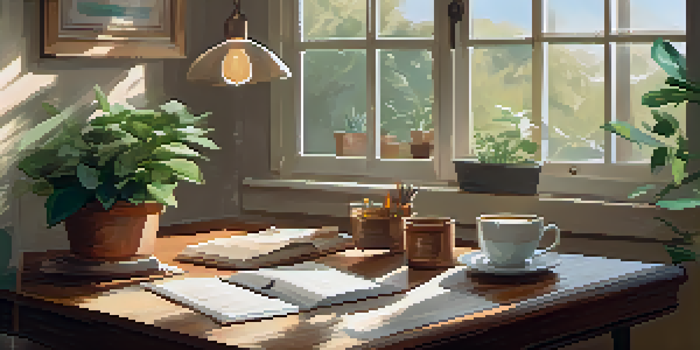 A well-organized workspace with a wooden desk, an open journal with handwritten notes, potted plants, a cup of coffee, and warm sunlight filtering through a window.