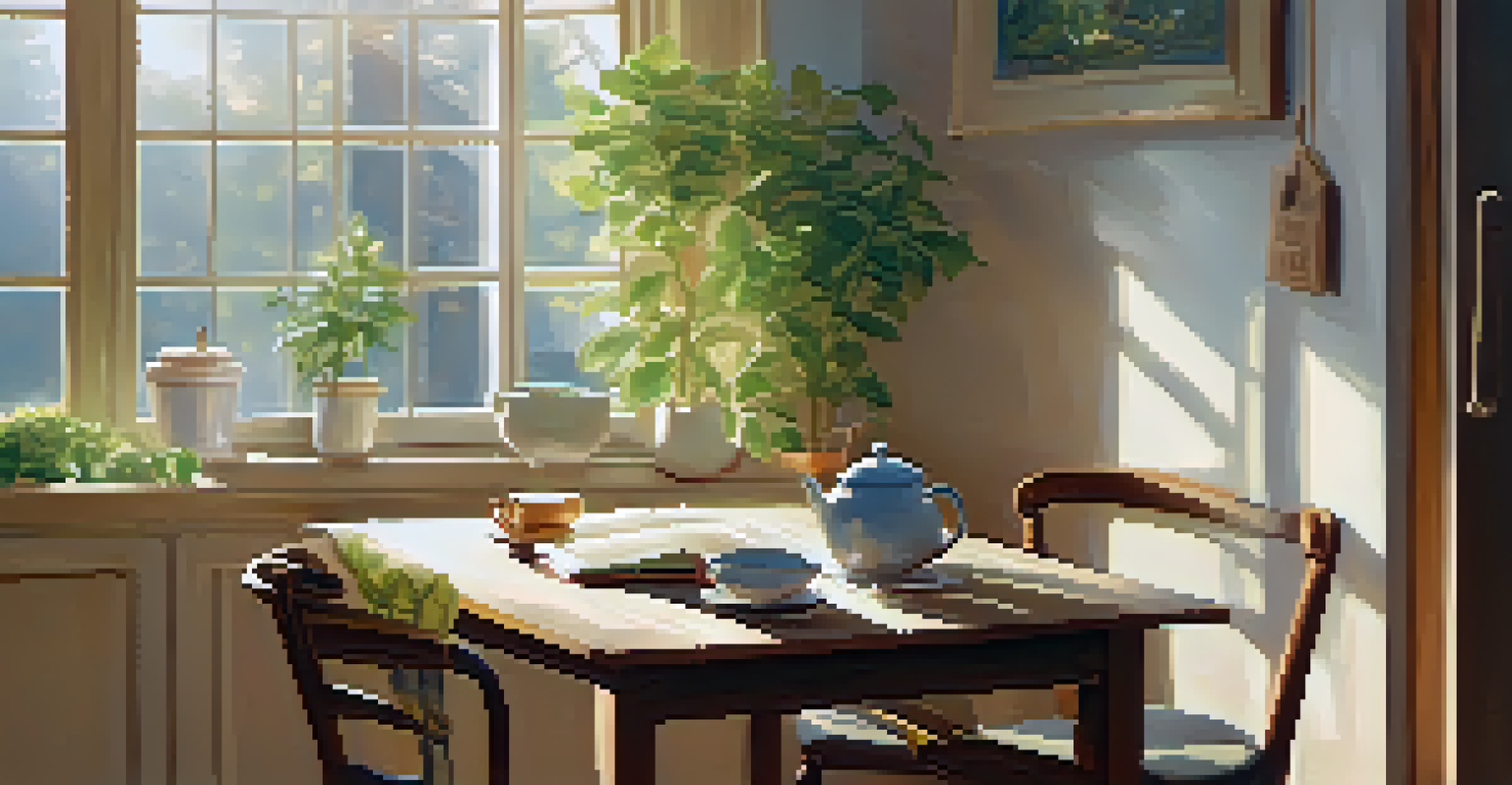 A person enjoying tea at a kitchen table, with a journal open, in a sunlit kitchen.