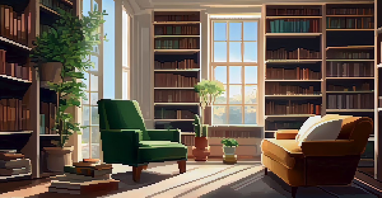 A cozy study room with bookshelves, an armchair, and a desk with a journal and tea.
