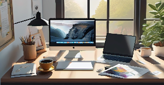 A bright and organized workspace with a vision board on the wall, motivational quotes, and a laptop on the desk.