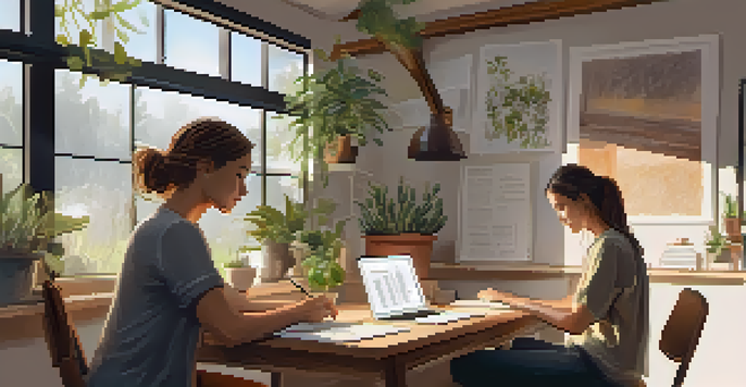 Two individuals in a bright workspace discussing goals with a laptop and a notebook on the table, surrounded by plants.