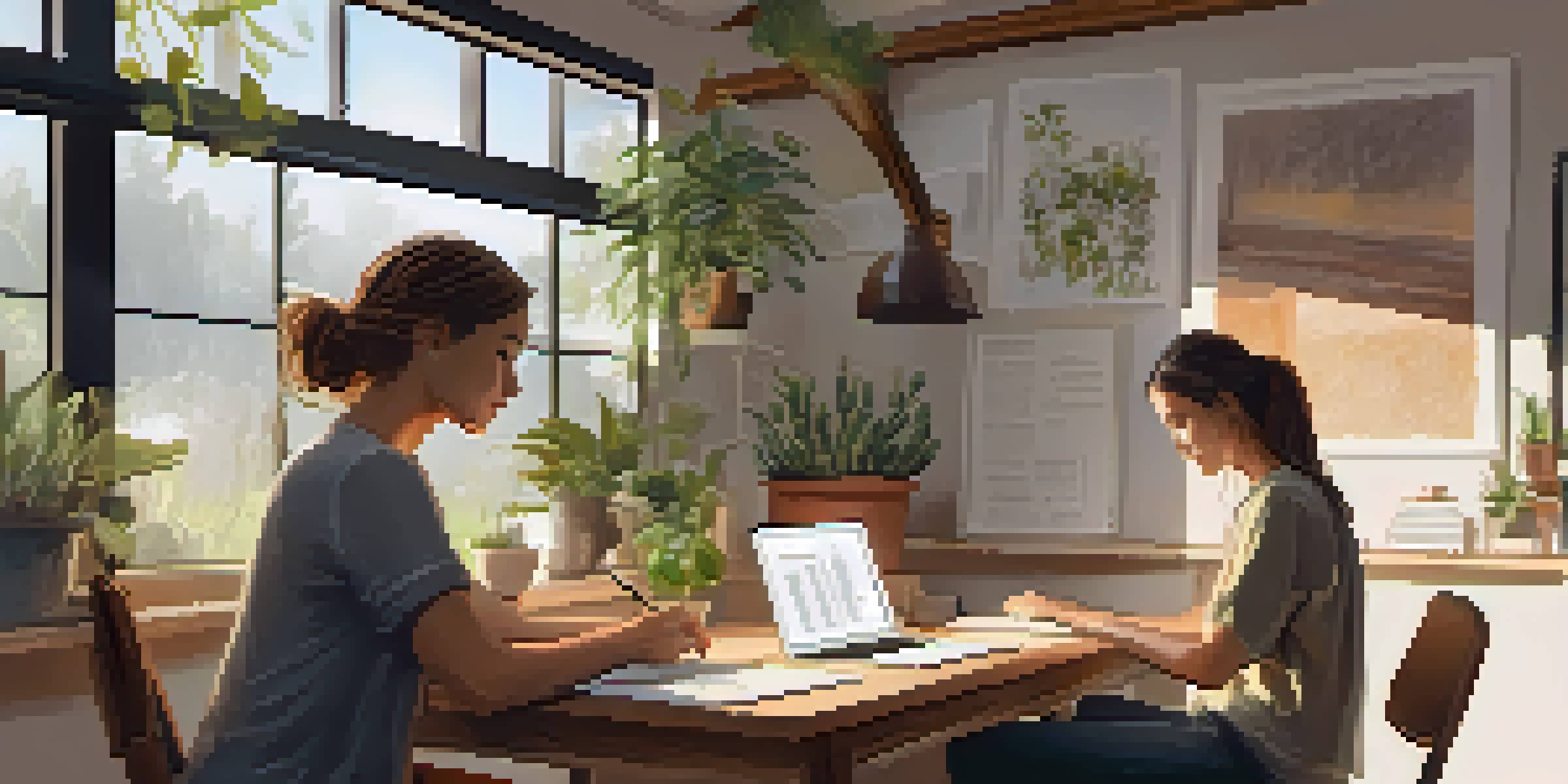 Two individuals in a bright workspace discussing goals with a laptop and a notebook on the table, surrounded by plants.