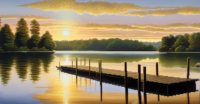 A peaceful lake scene at sunrise with a wooden dock, surrounded by green trees and warm golden light reflecting on the water.