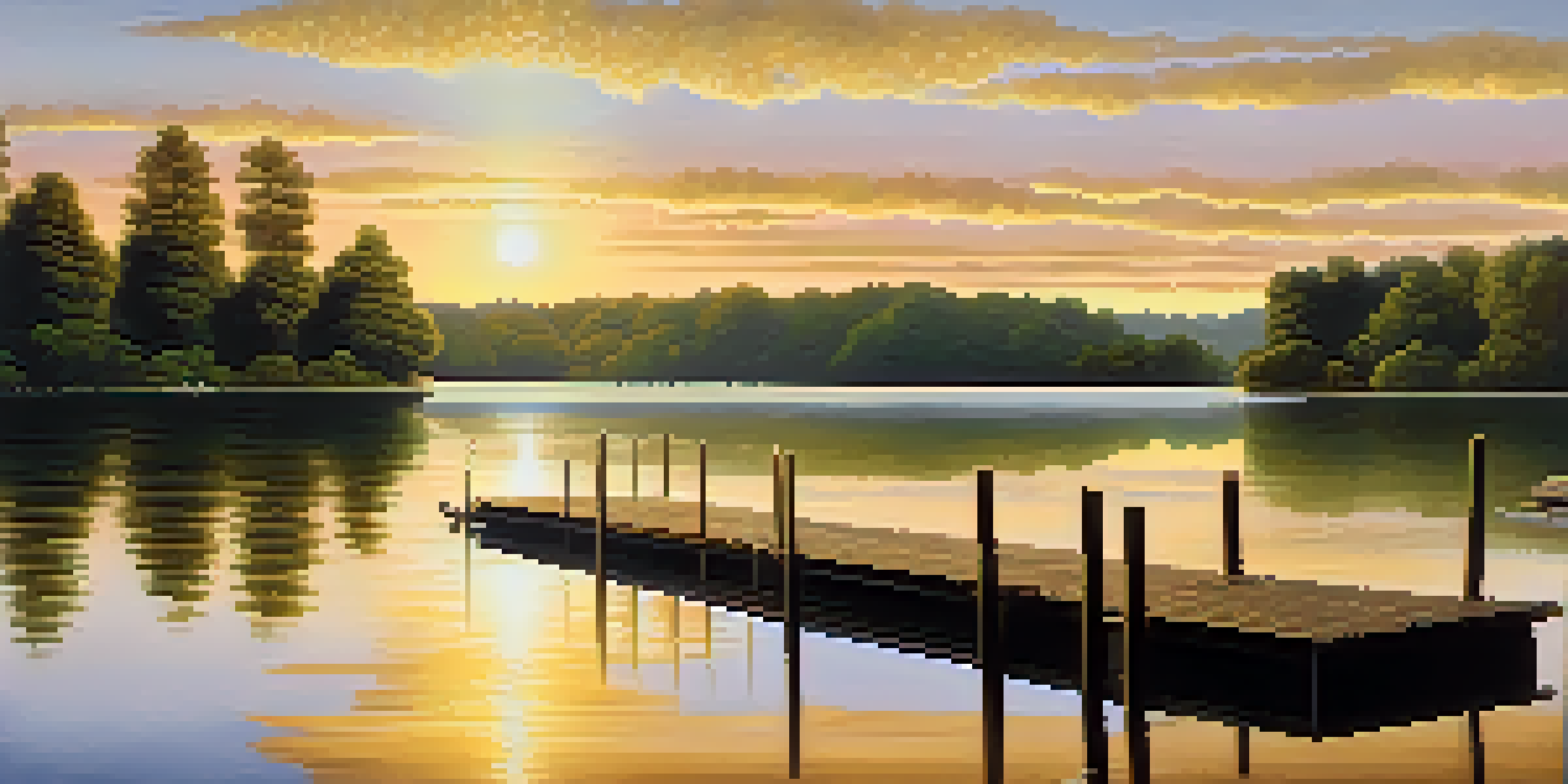 A peaceful lake scene at sunrise with a wooden dock, surrounded by green trees and warm golden light reflecting on the water.