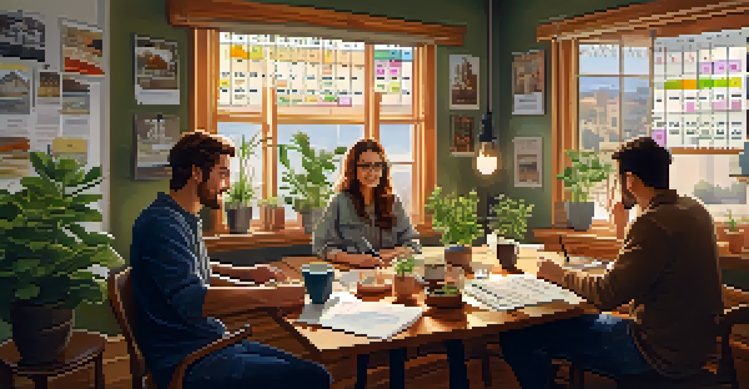 Two friends sitting at a table in a cozy room, reviewing a calendar filled with goals and notes, with coffee mugs and motivational quotes in the background.