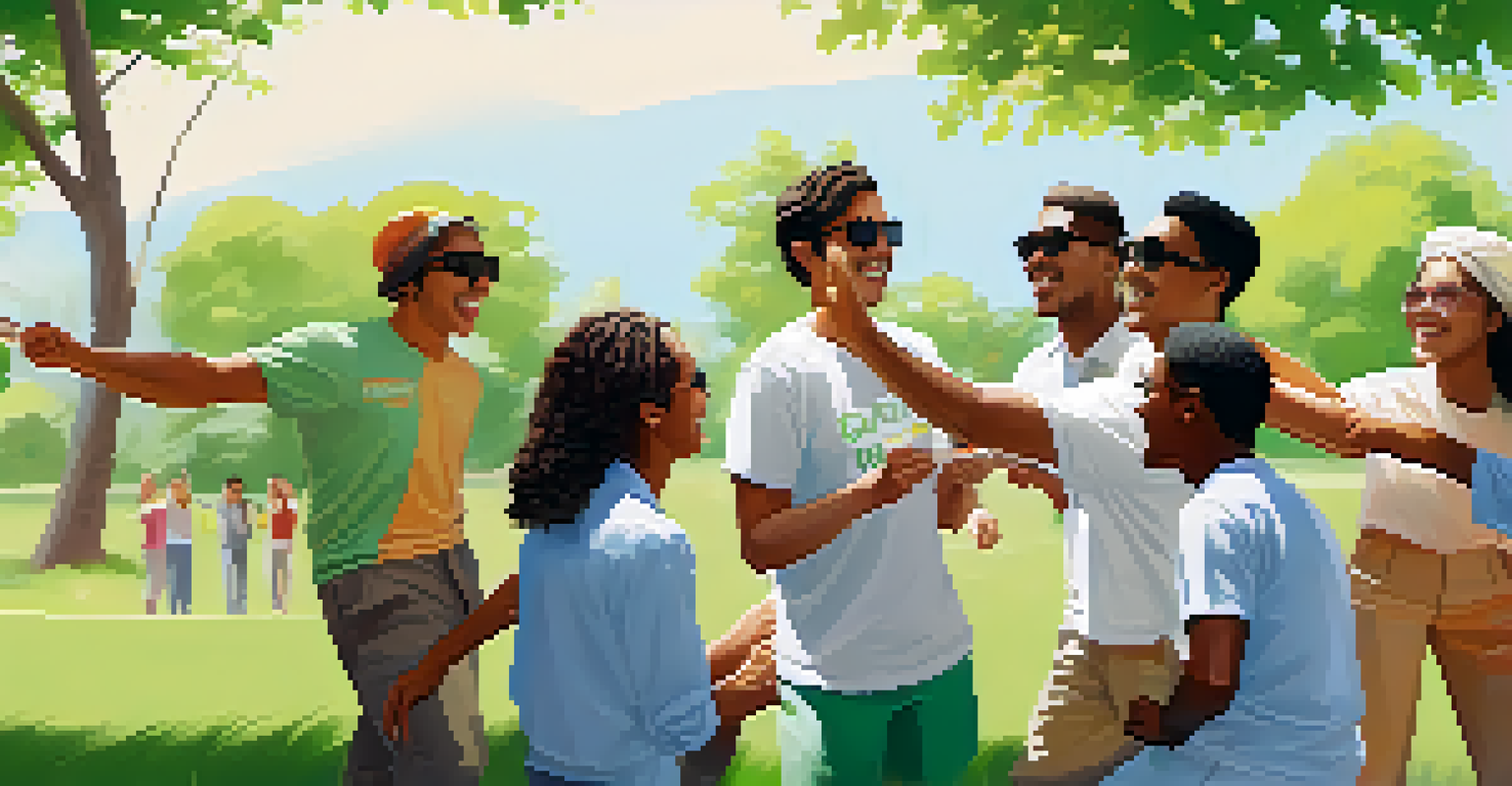 A team engaged in a trust exercise outdoors, promoting teamwork and collaboration in a park setting.