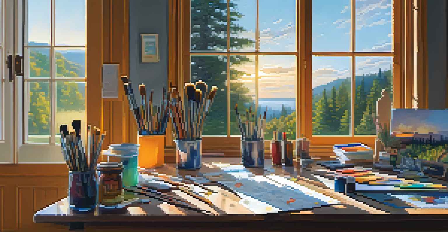An artist's workspace with a canvas, paintbrushes, and a view of nature outside the window.