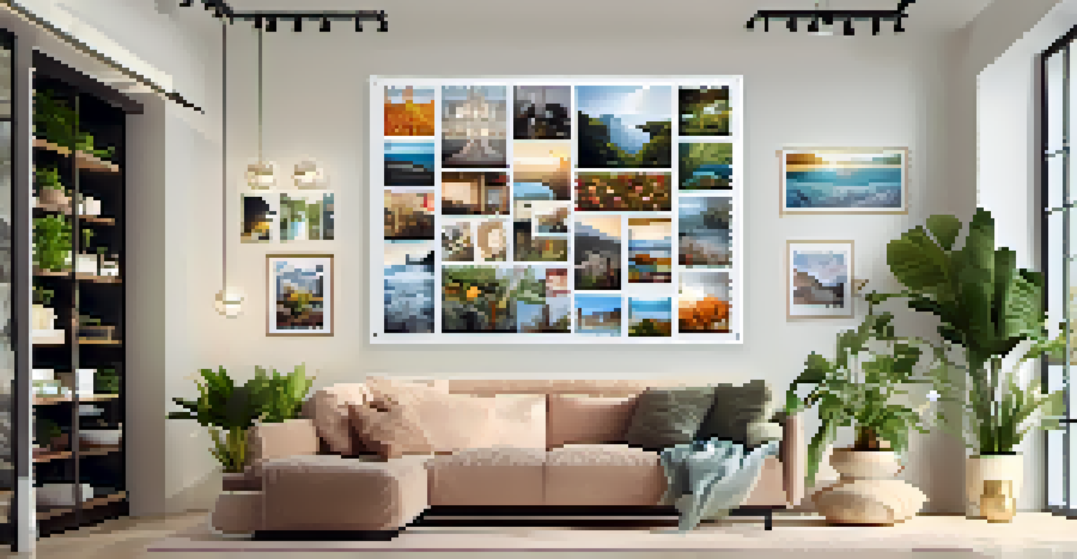 A vibrant vision board on a wall, filled with images of goals and dreams, surrounded by plants and decorative lights in a bright room.