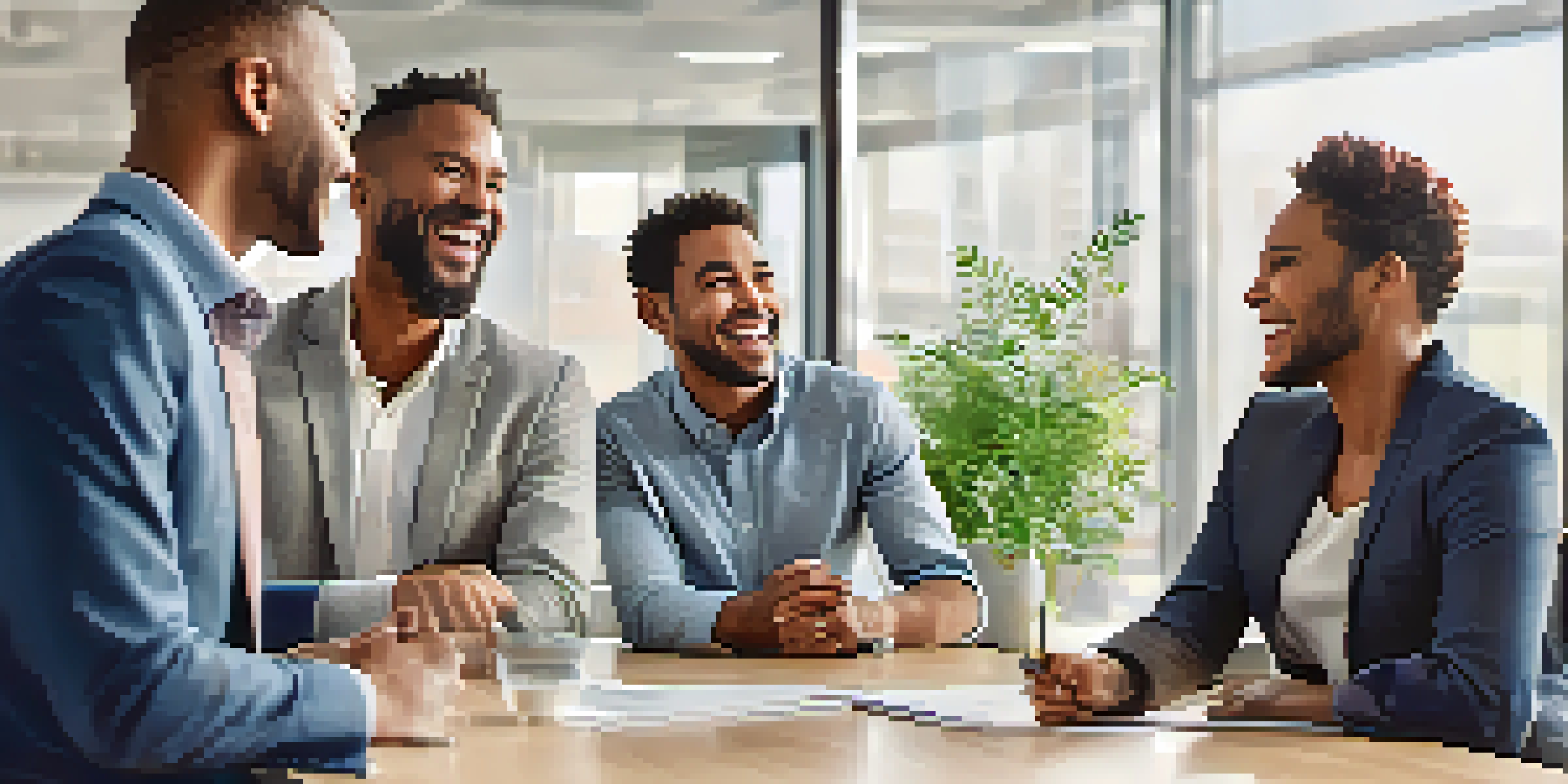 A diverse group of professionals laughing together in a bright office meeting, showcasing joy and camaraderie.
