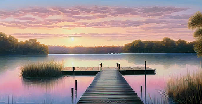 A tranquil sunrise over a calm lake with mist and a wooden dock.