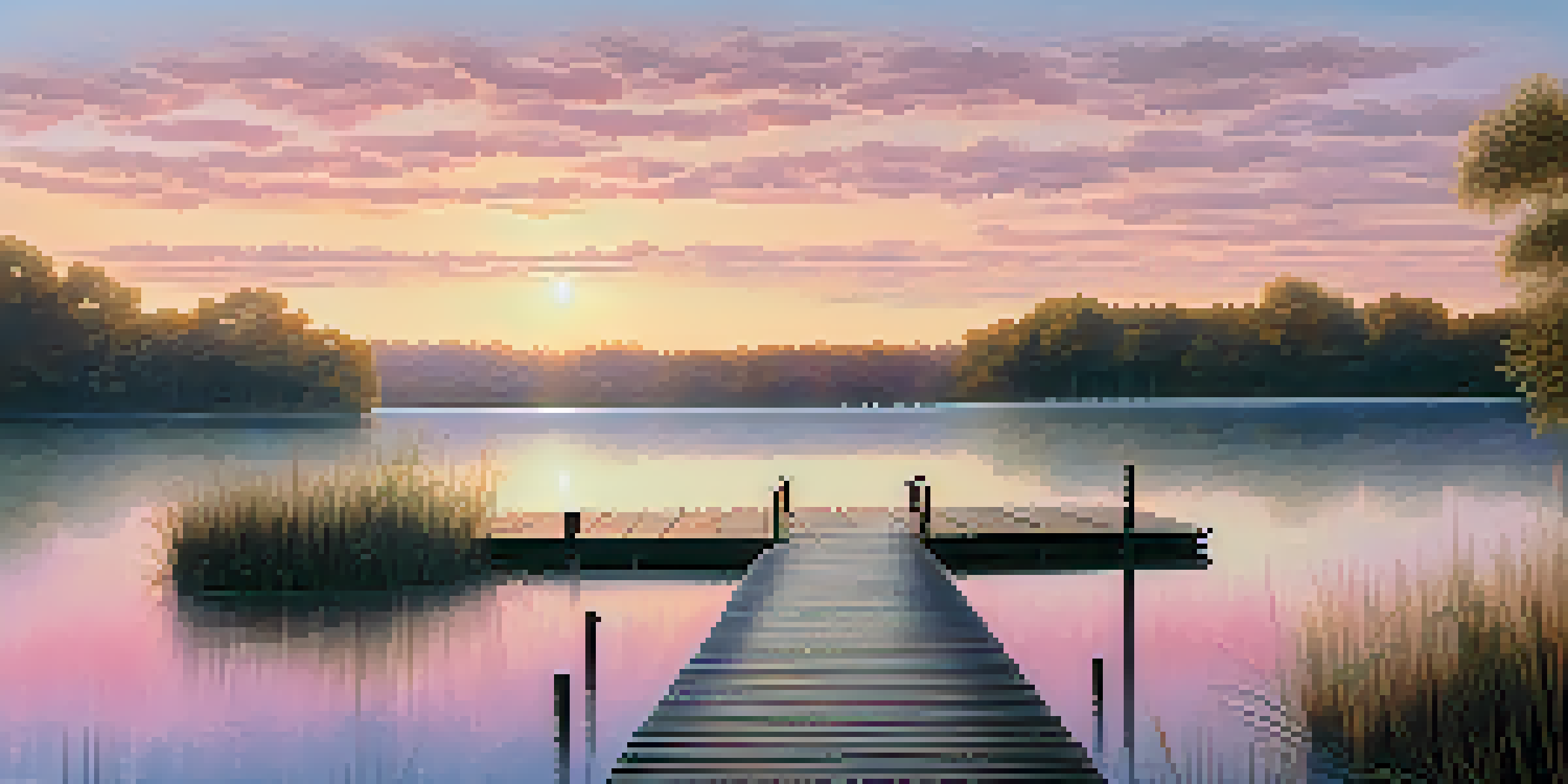 A tranquil sunrise over a calm lake with mist and a wooden dock.