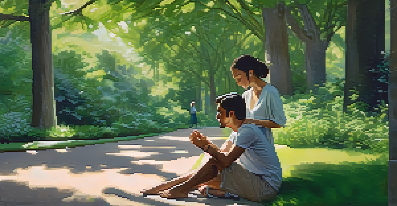 A couple in a park practicing active listening, surrounded by greenery and sunlight.