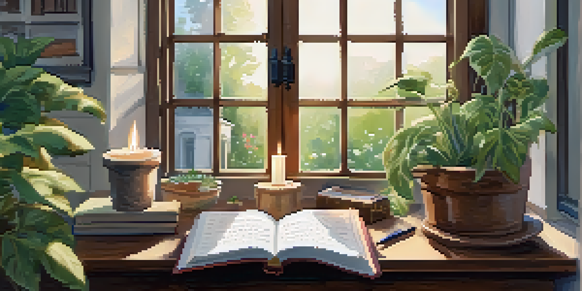 A cozy journaling space with an armchair, a journal, a candle, and sunlight coming through a window.