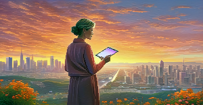 A confident middle-aged woman standing on a hilltop with a tablet, overlooking a vibrant city skyline at sunrise, with wildflowers in the foreground.