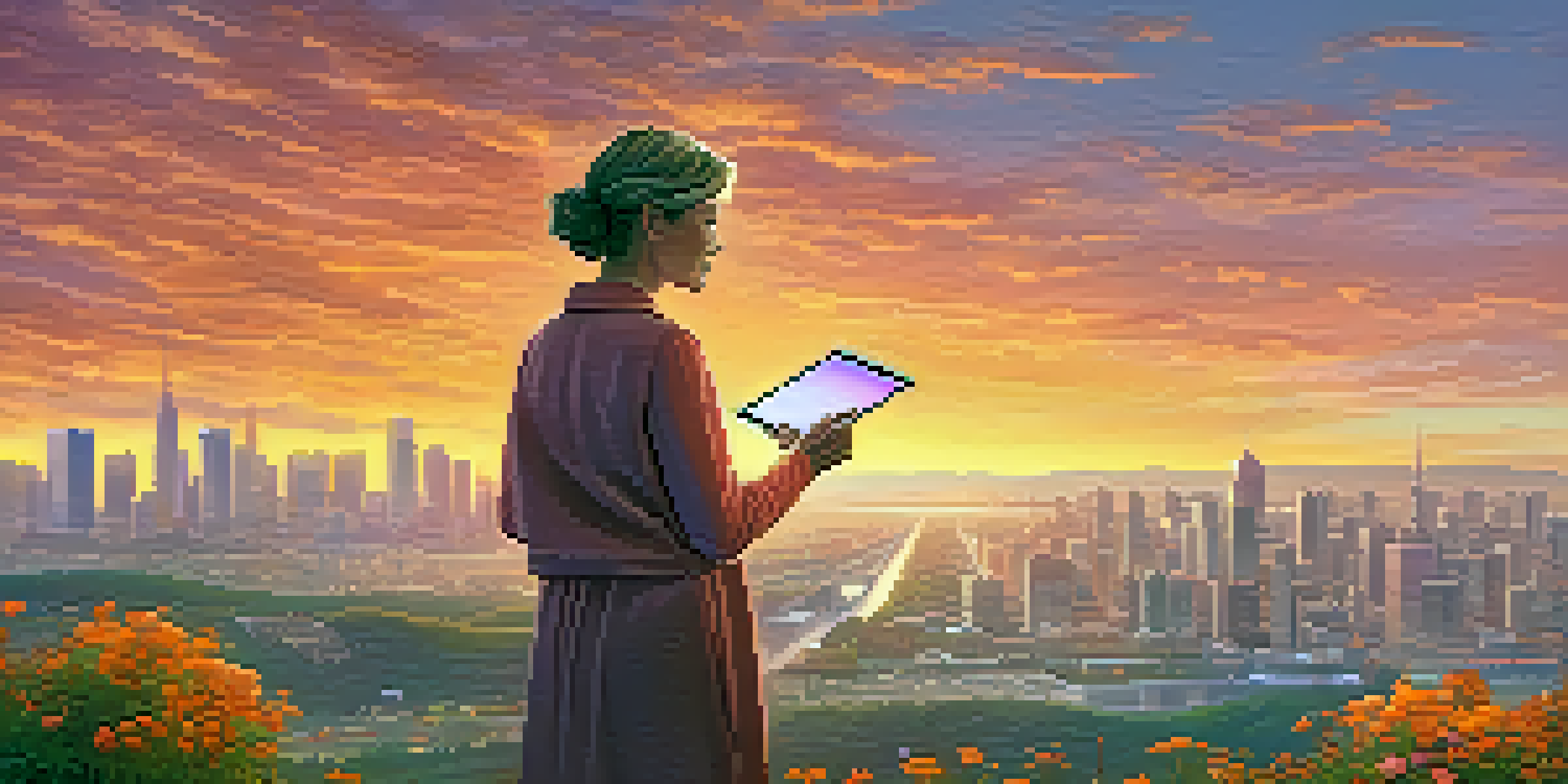 A confident middle-aged woman standing on a hilltop with a tablet, overlooking a vibrant city skyline at sunrise, with wildflowers in the foreground.