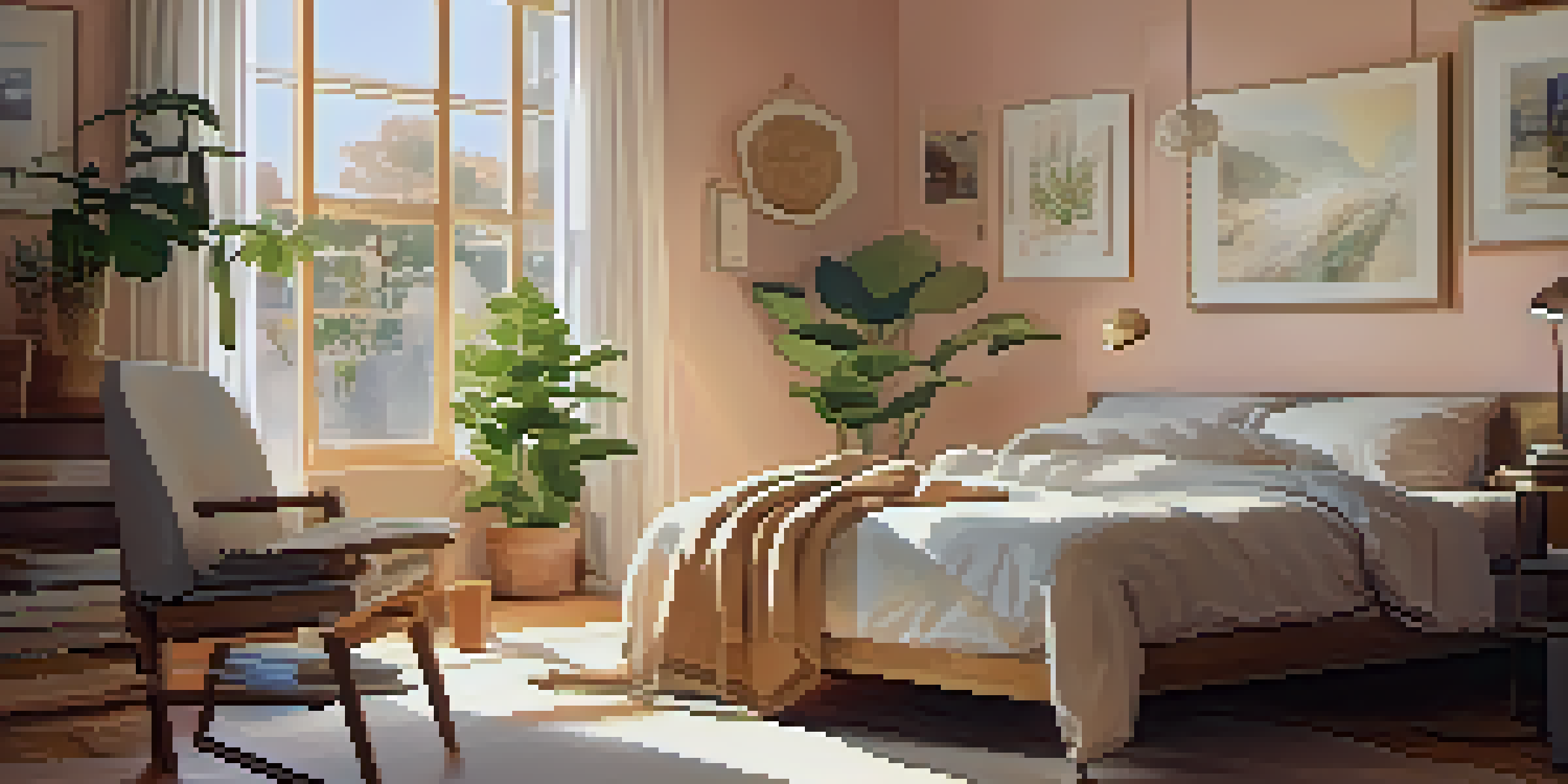 A person stretching on the edge of a bed in a sunlit room, with a cup of coffee and a book on the bedside table.