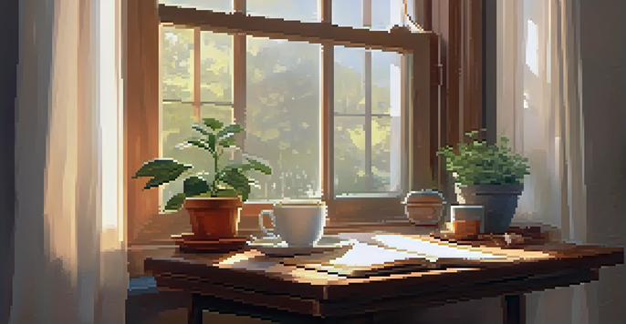A cozy writing space by a window with a journal, a cup of tea, and a potted plant, illuminated by soft sunlight.