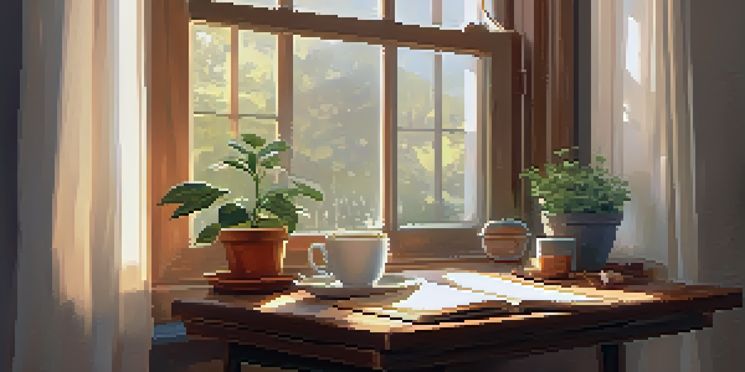 A cozy writing space by a window with a journal, a cup of tea, and a potted plant, illuminated by soft sunlight.