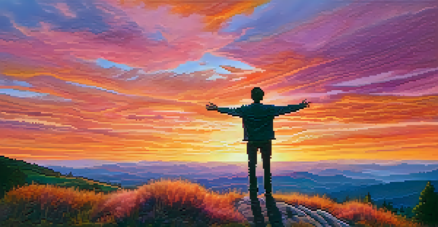 A person on a hilltop at sunset, arms outstretched, with a colorful sky and silhouetted hills in the background.