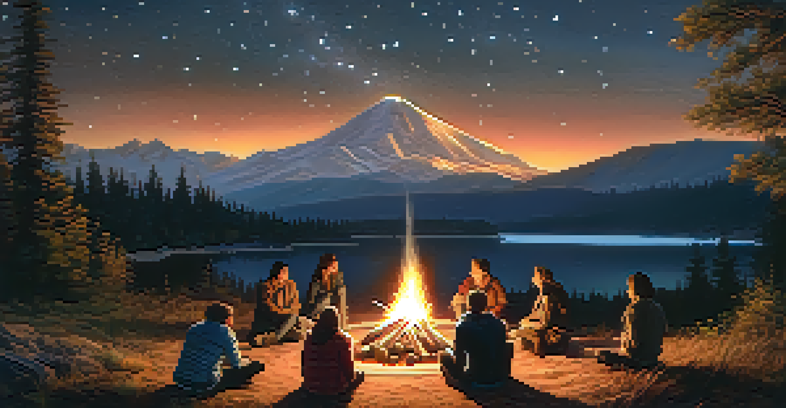 A group of travelers sharing stories around a campfire under a starry night sky, surrounded by trees and mountains.