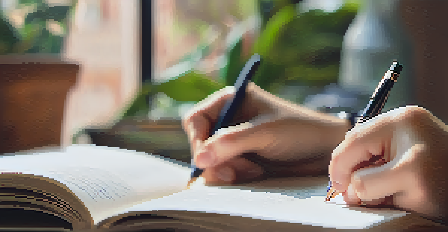A close-up of a hand writing in a journal, surrounded by a cozy room filled with books and plants.