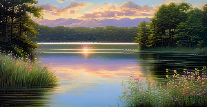 A tranquil sunrise over a calm lake with pastel colors reflecting on the water, surrounded by green trees and wildflowers.