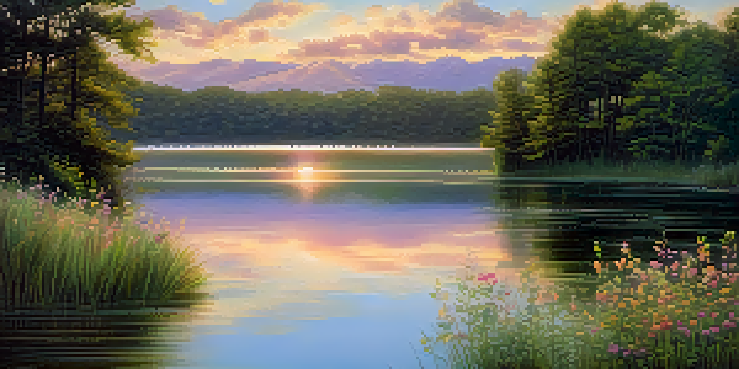 A tranquil sunrise over a calm lake with pastel colors reflecting on the water, surrounded by green trees and wildflowers.