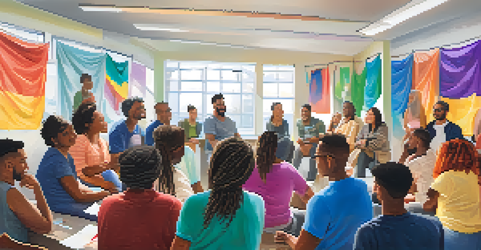 A diverse group of people smiling and connecting during a supportive workshop in a community center.
