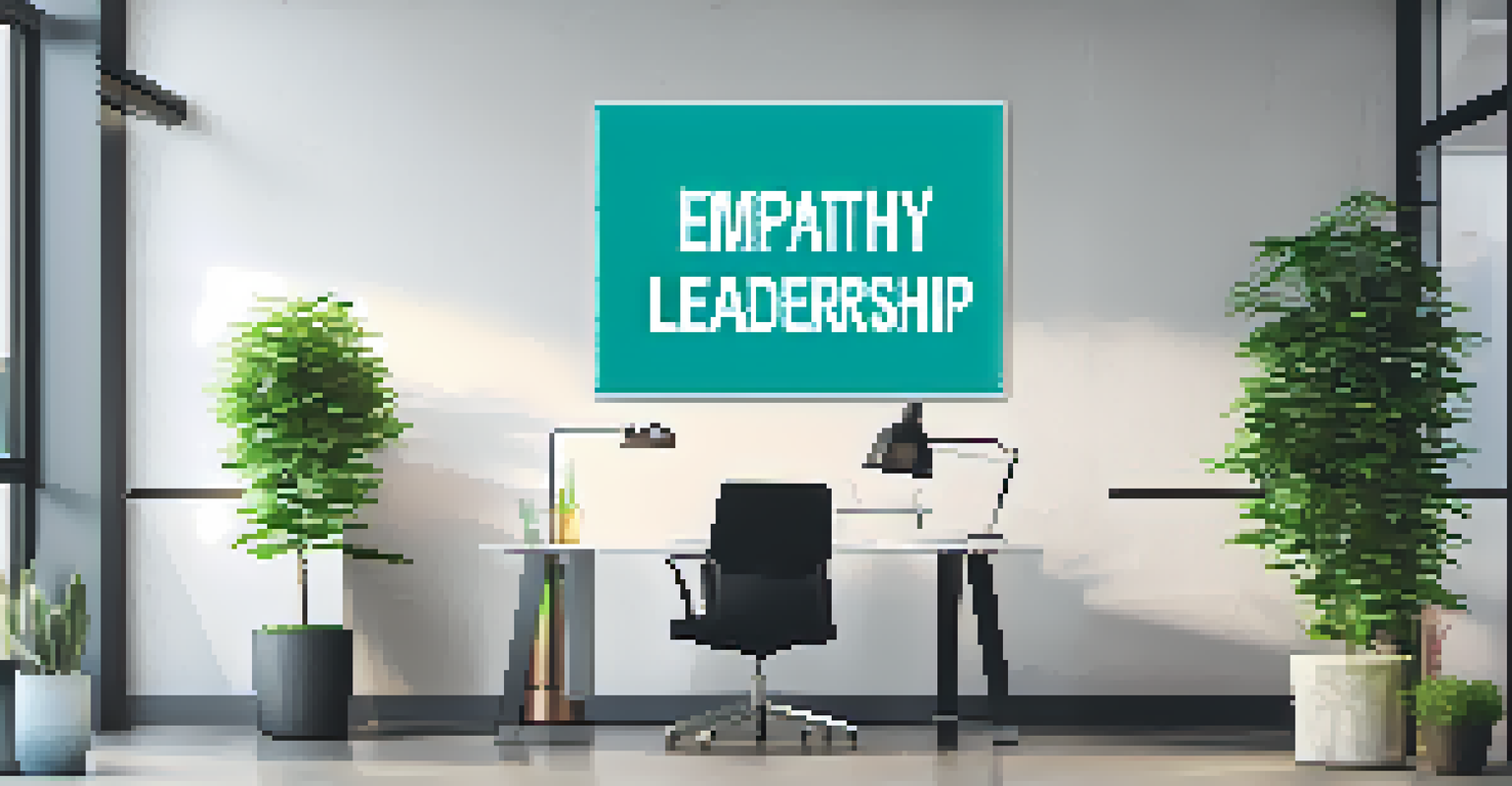 A motivational poster about empathy in leadership with an abstract background and a small plant on a desk.