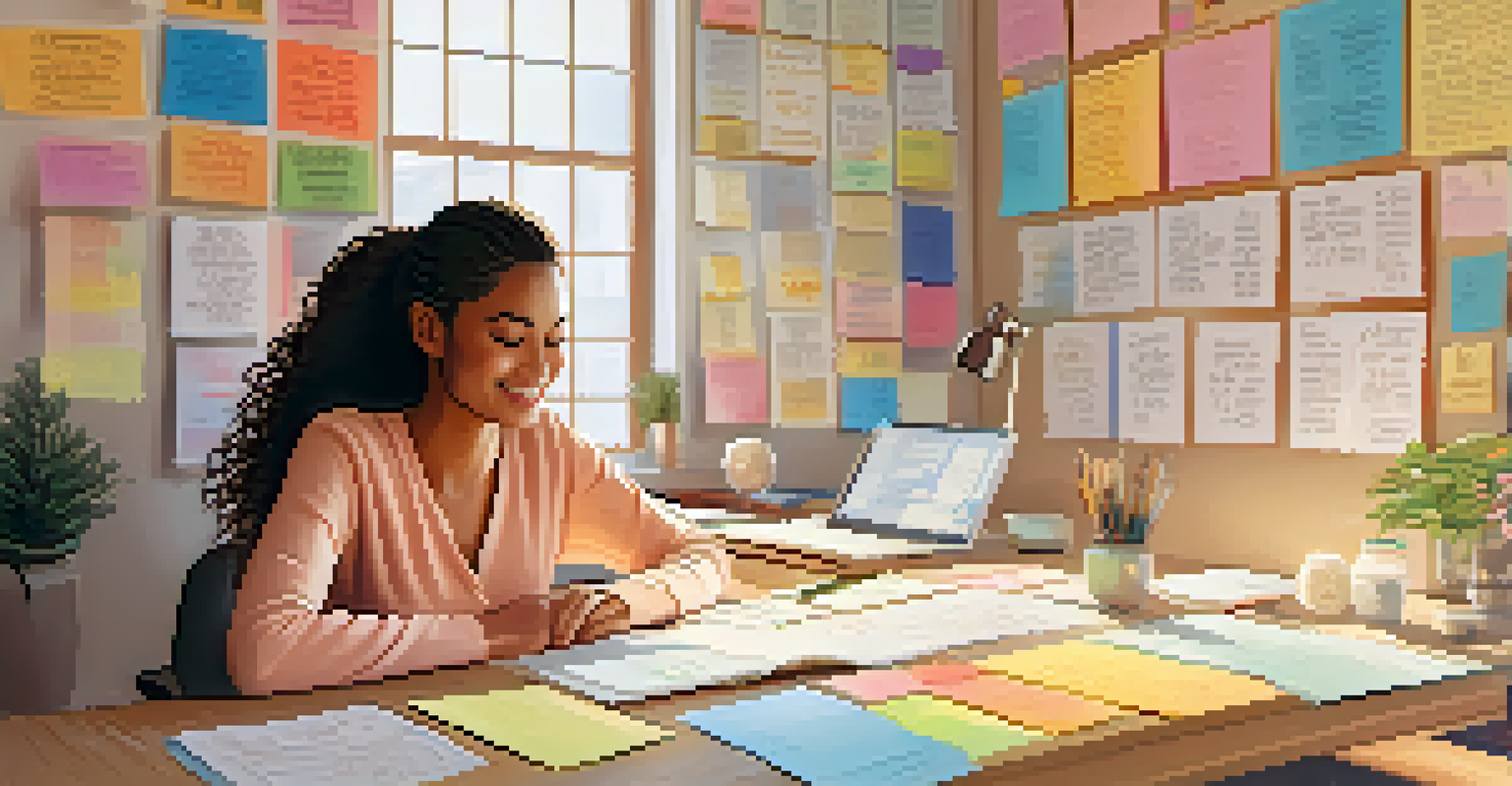 A woman at her desk practicing mindfulness by taking a deep breath, with motivational quotes and a zen garden around her.