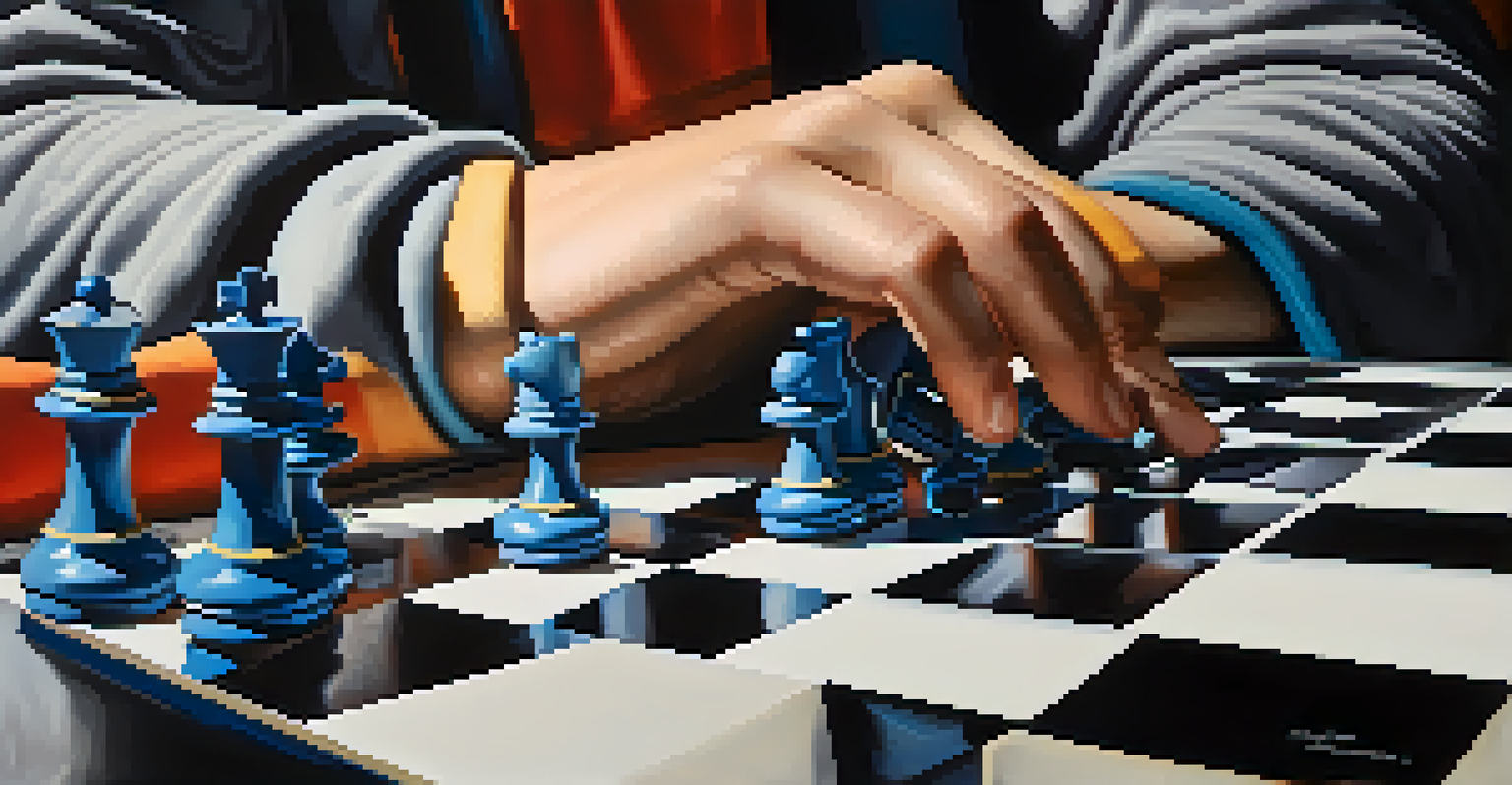 A hand hovering over a chessboard split in half, with vibrant chaos on one side and structured monochrome on the other, illustrating the tension between intuition and logic.