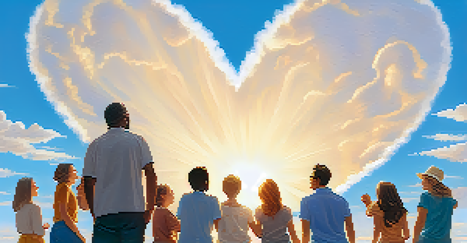 A heart-shaped cloud in a blue sky with diverse people interacting joyfully below.