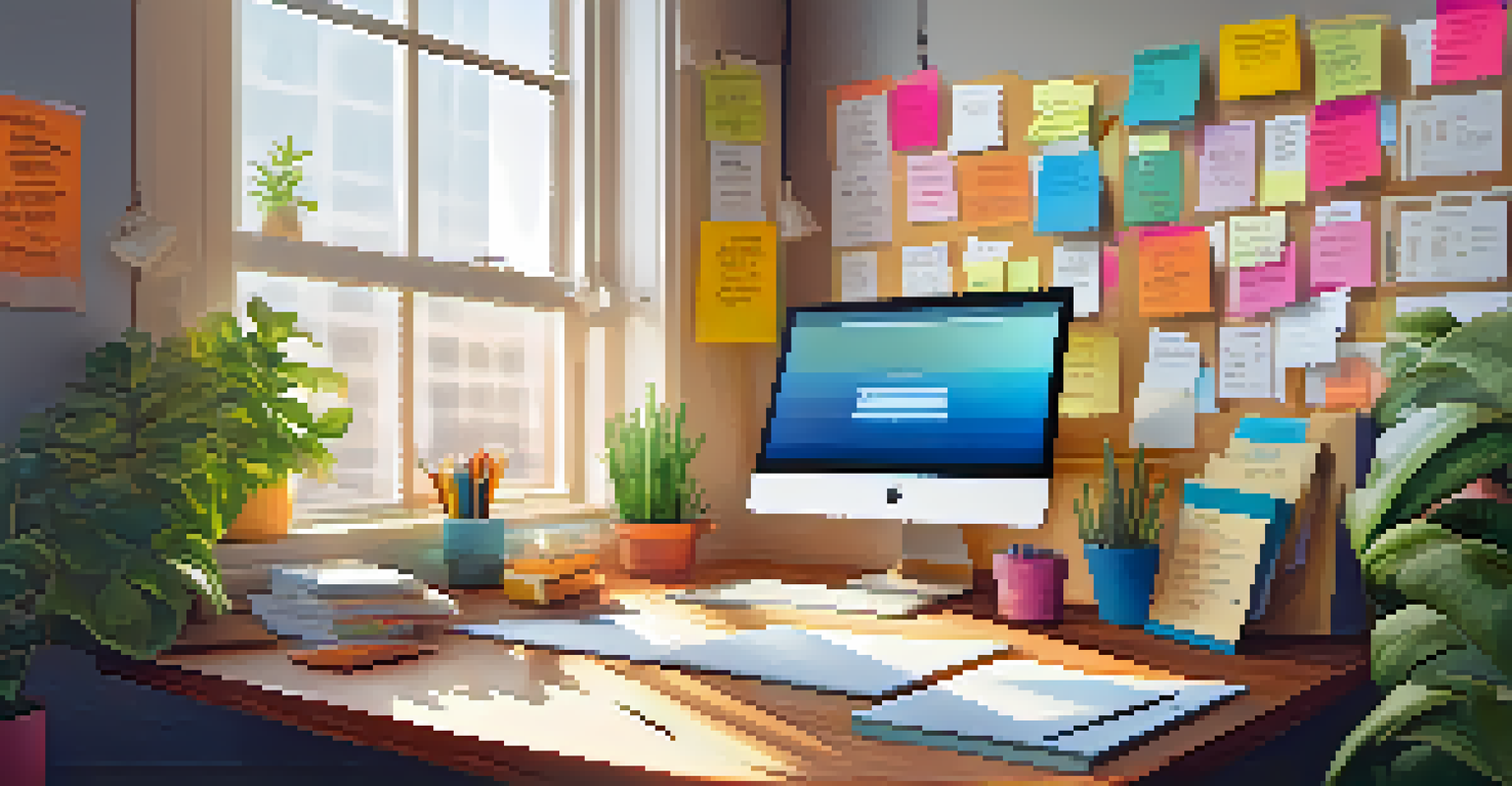 A bright and inspiring workspace with motivational quotes, a laptop, and a potted plant.