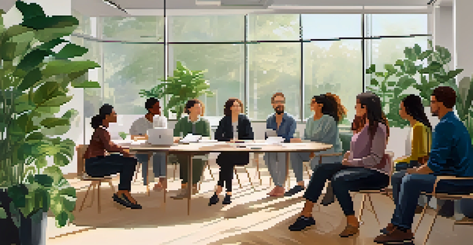 A diverse group of individuals in a bright office room, participating in a resilience training workshop with plants around them.