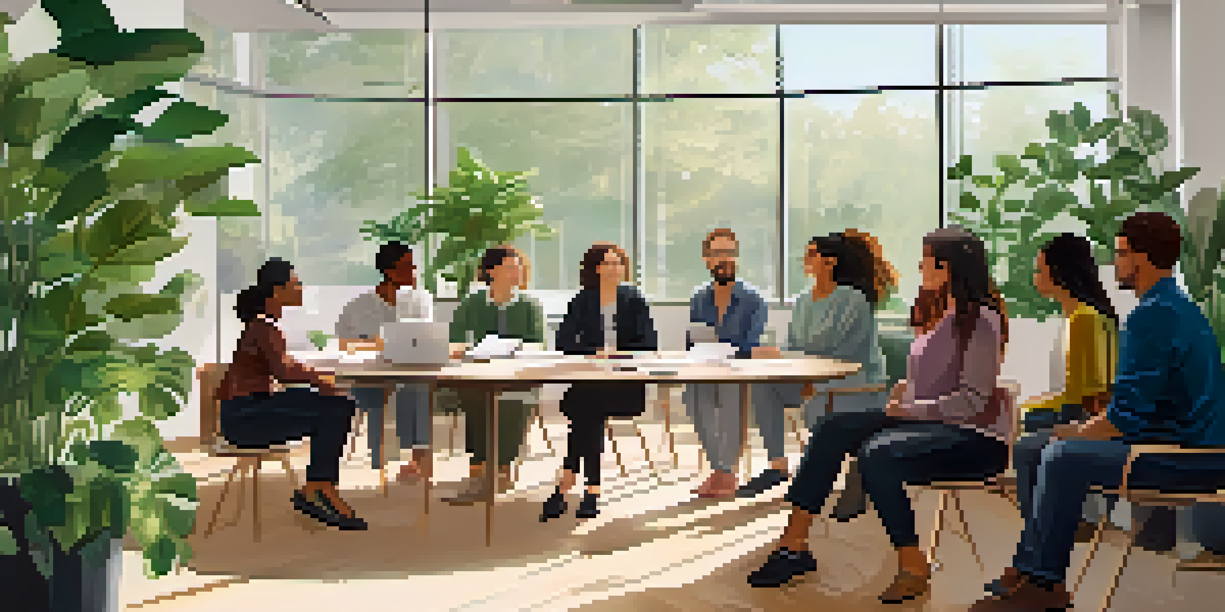 A diverse group of individuals in a bright office room, participating in a resilience training workshop with plants around them.