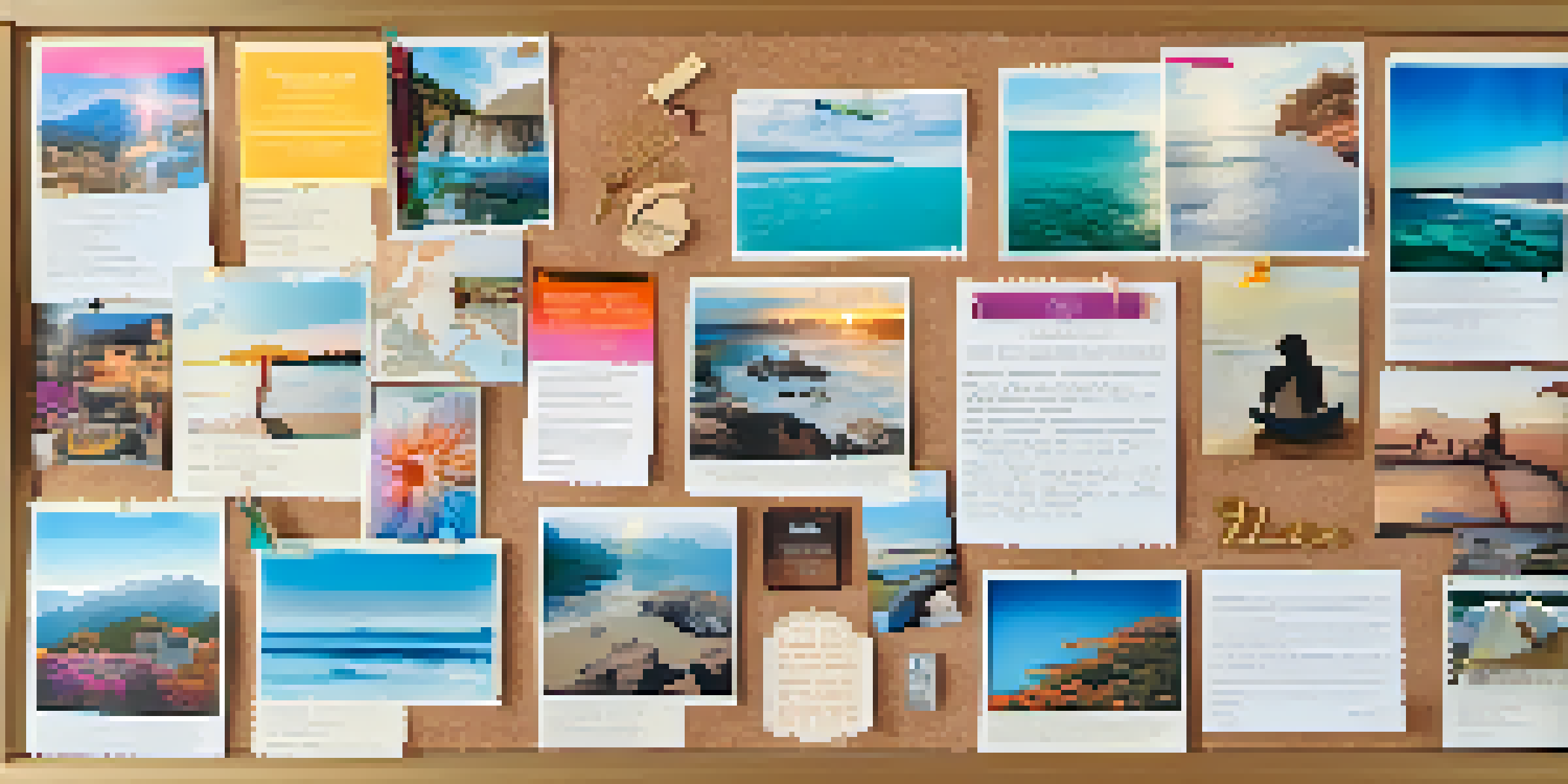 A colorful vision board with travel and career images, illuminated by soft natural light.