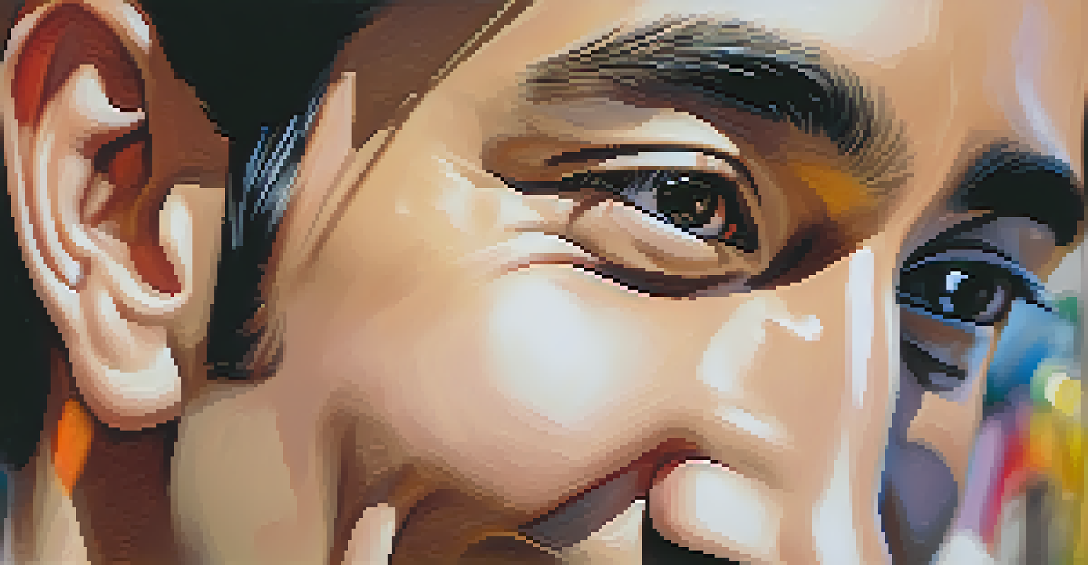 A close-up of a speaker's face displaying enthusiasm with a bright smile during a presentation.