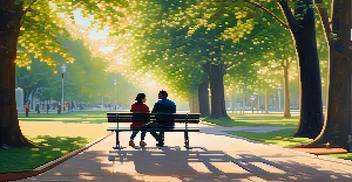 Two individuals having a calm and empathetic conversation in a sunlit park filled with blooming flowers.