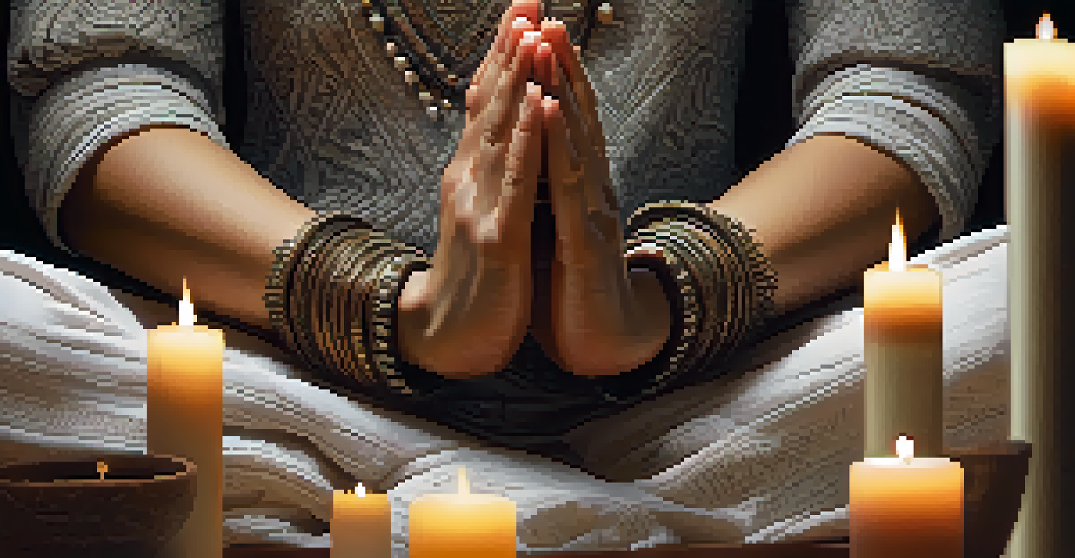 Close-up of a person's hands in a mudra position during meditation, with a blurred background of plants and candles.