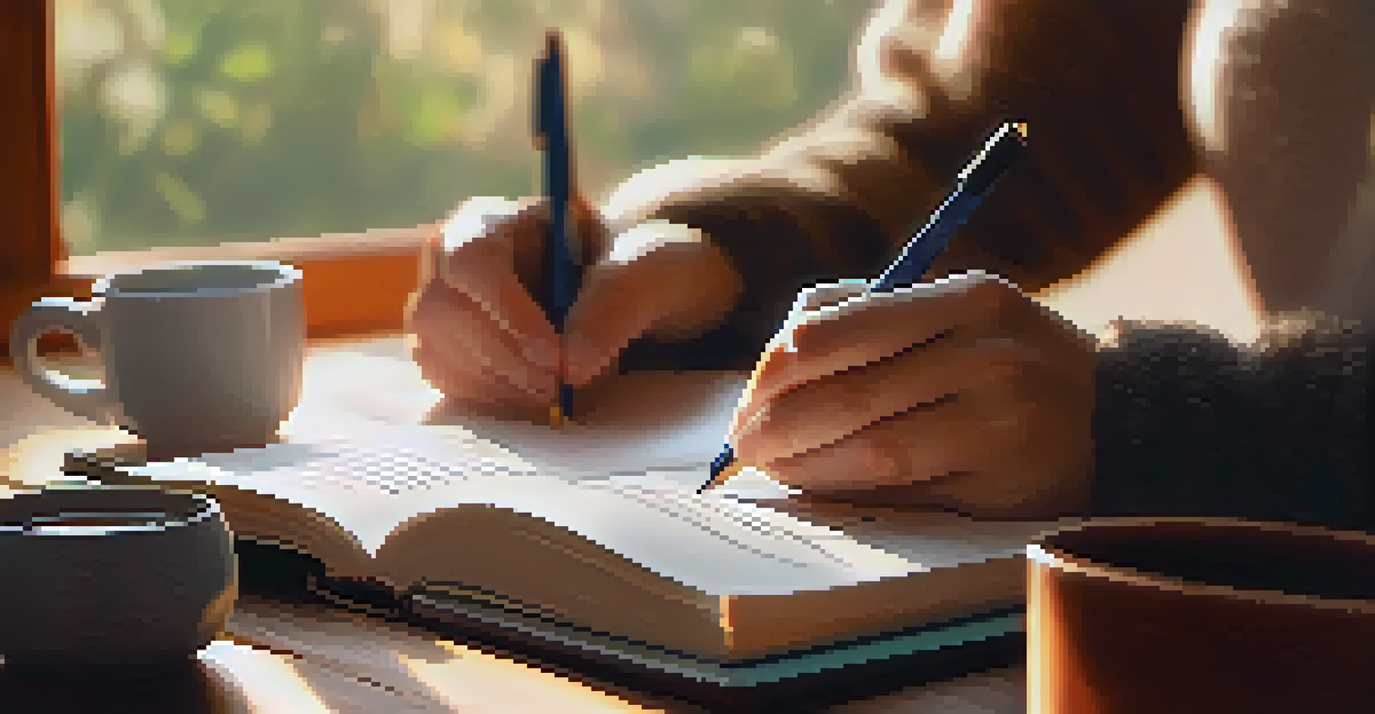 A close-up of a hand writing in a gratitude journal on a wooden table, with a cup of tea and a plant in the background.
