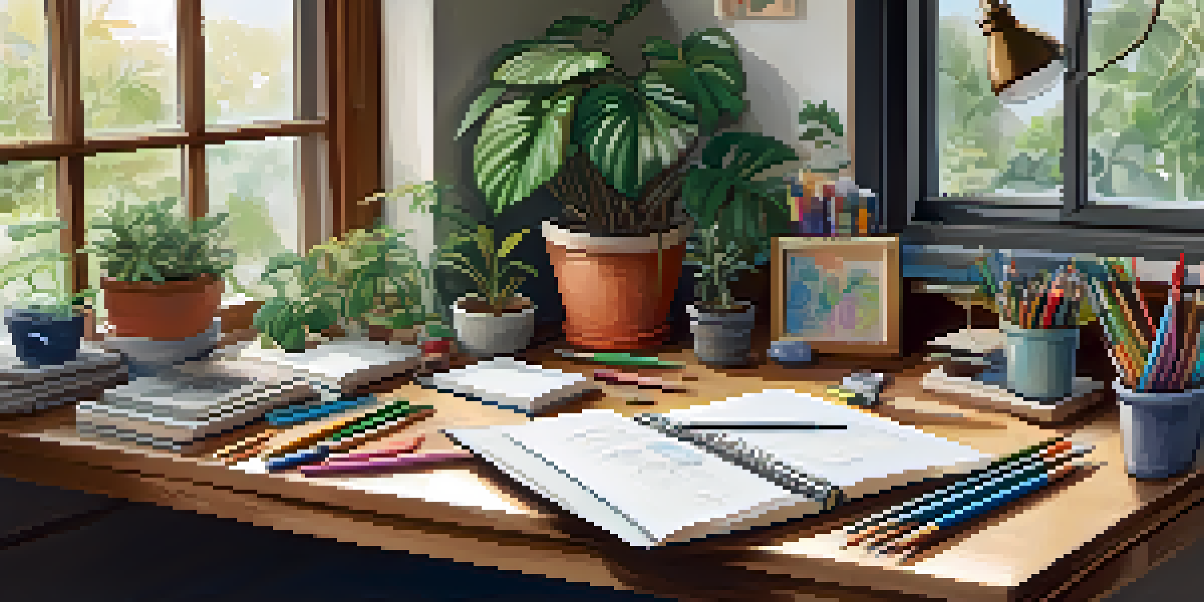 A cozy and bright workspace with a cluttered wooden desk, art supplies, and a view of a garden outside the window.