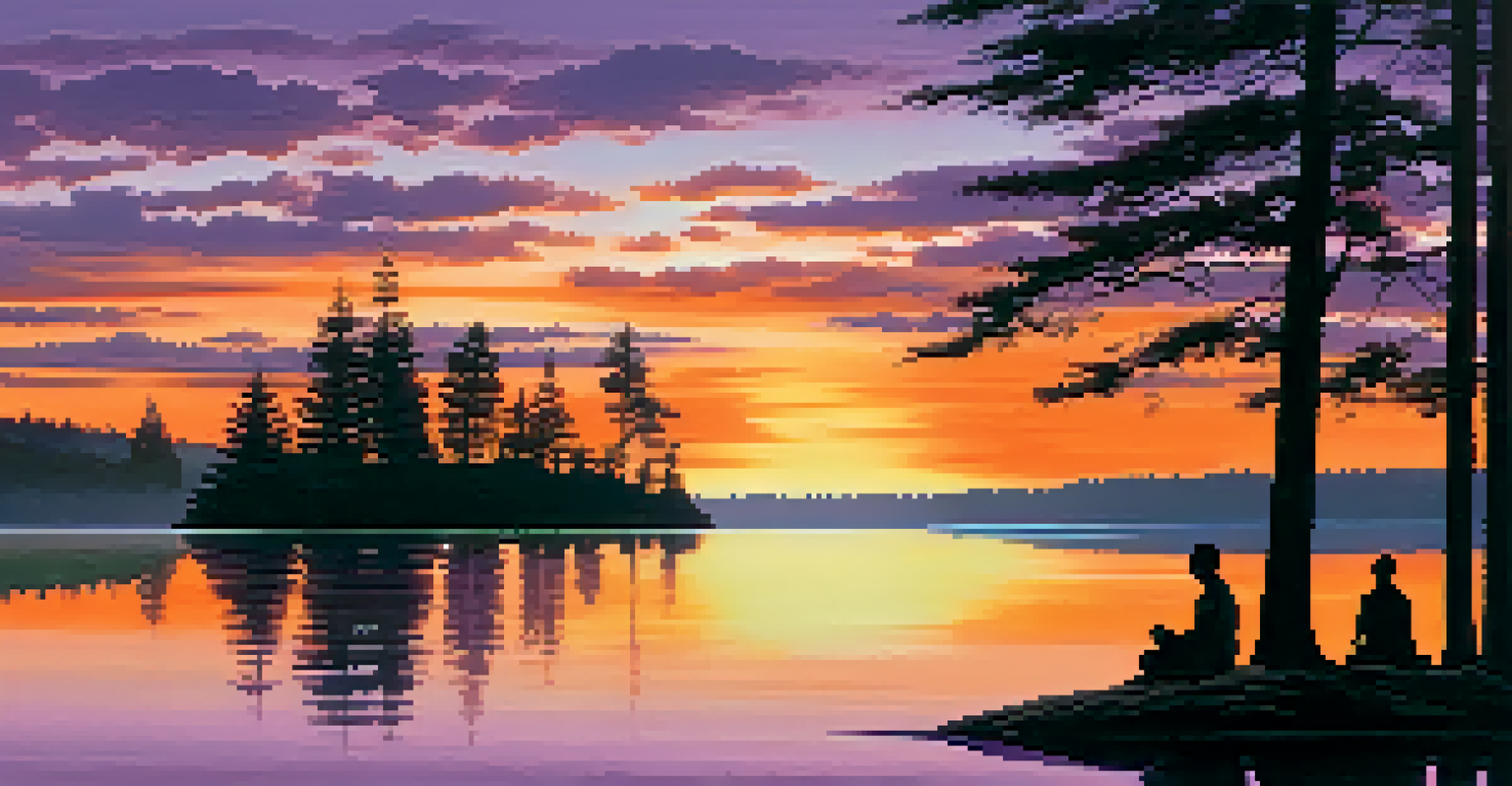 A sunset over a lake with vibrant colors and a person meditating by the water's edge.